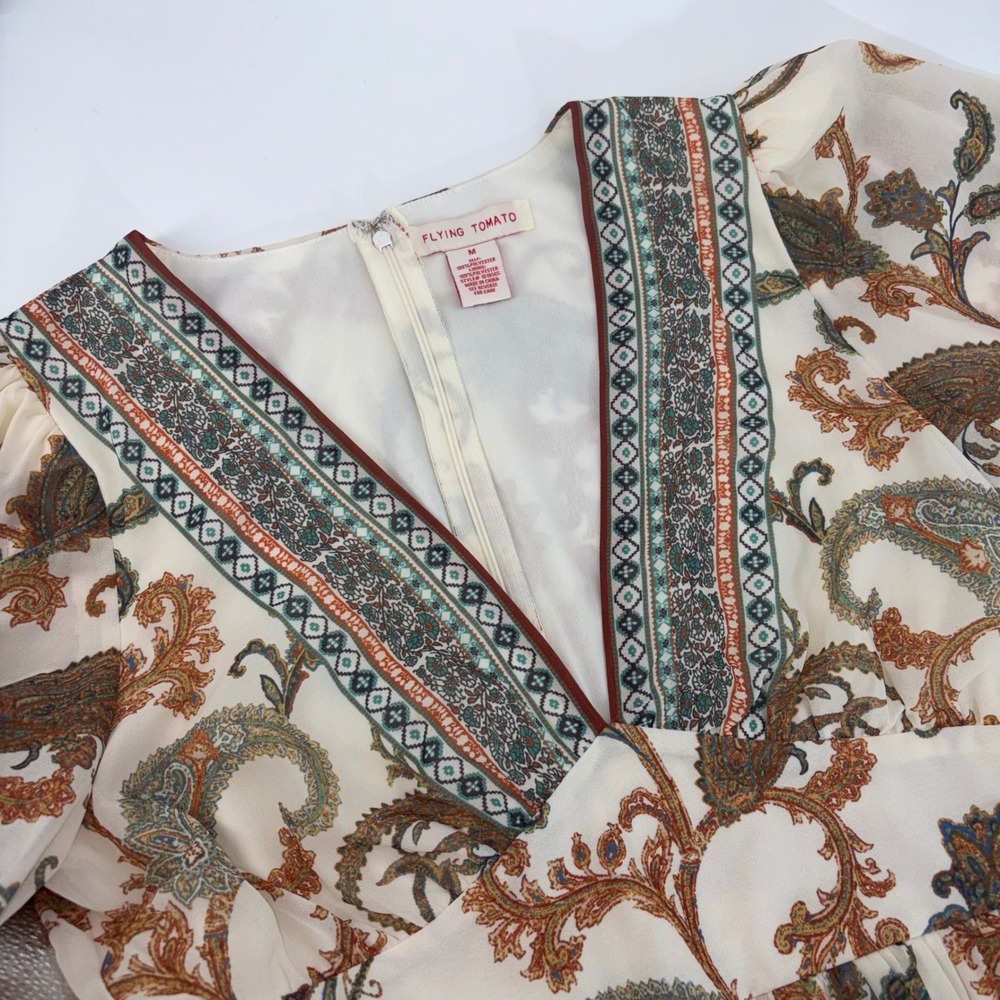 Flying Tomato Womens Paisley Boho Mini Dress Cream Rust Teal V-Neck‎ Size M